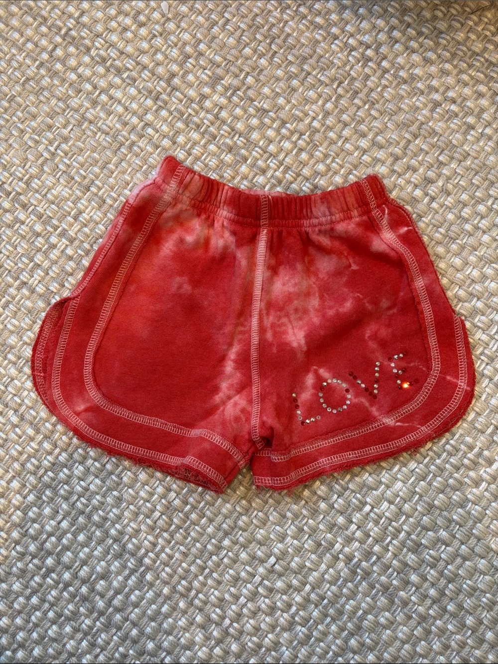 Girls Red Tie-Dye Shorts with Rhinestone "LOVE" Detail